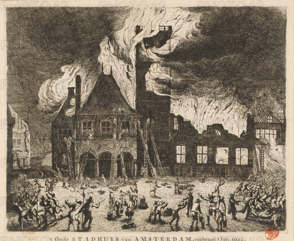 The fire in the Old City Hall of Amsterdam, 1652, Image of the old City Hall of Amsterdam burned on