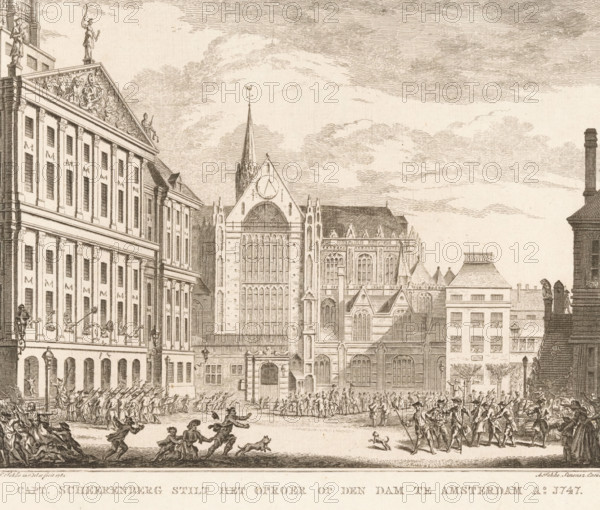 Capt. Scheerenberg quells the riot on the Dam in Amsterdam, 1747, Captain Scheerenberg drives away