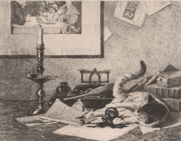 Playing cat spills an inkwell on the table, print, printmaker: Eduard van den Bosch, printer