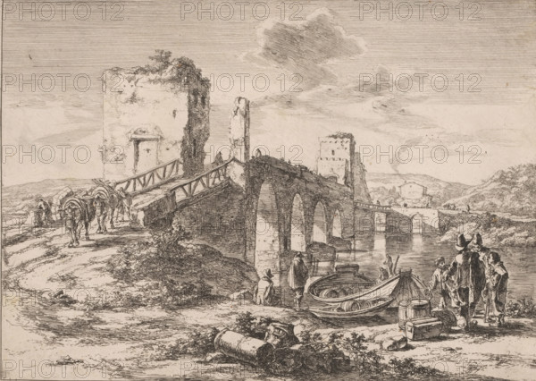 Landscape with bridge, the Ponte Molle, Landscapes in the vicinity of Rome, print, printmaker: Jan
