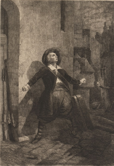 Man on the street with a gun next to him, print, printmaker: Henry Brown, after painting by Gustave