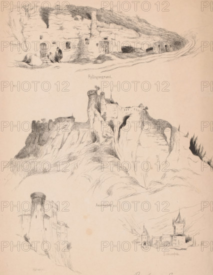 Views of the castles Rollingergrund, Ansembourg, Hohenfels and Schoenfels, print, printmaker: