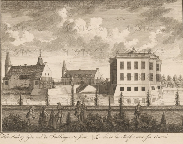 View of the side facade of Middachten Castle, The House on the side with the Stables visible, Le