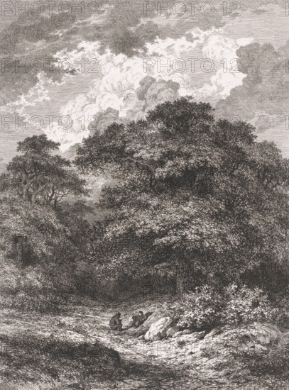 Landscape with two resting figures in front of a forest, print, printmaker: César de Cock, 1850,