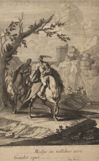 Horsemen passing through the valley, Medijs in vallibus acri Gaudet equo, print, printmaker: Jacob