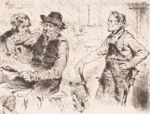 Study sheet with male figures and heads, print, printmaker: Otto Günther-Naumburg, publisher:
