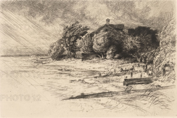 House in stormy landscape in Reichenau, print, printmaker: Peter von Halm, 1864 - 1923, paper,