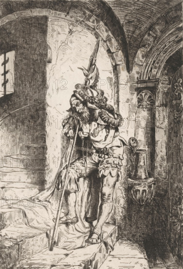Sleeping soldier leaning against his halberd on a staircase, print, printmaker: Edmund Herger,
