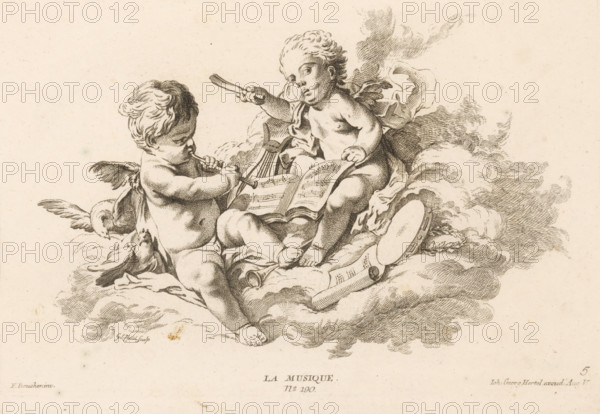 Music, La Musique, Livre des Arts, print, ornament print, Series number, 5, 6, Allegory of music.