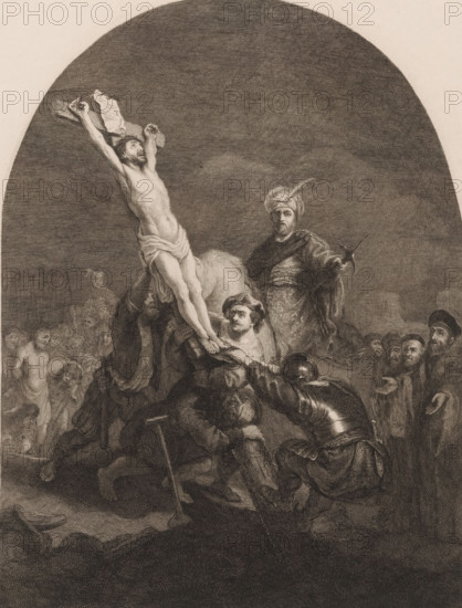 Erecting of the cross, print, printmaker: Carl Ernst Christoph Hess, after painting by Rembrandt
