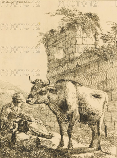 Shepherdess with a ram, a goat, and a cow by a ruin, print, This print is part of an album.,
