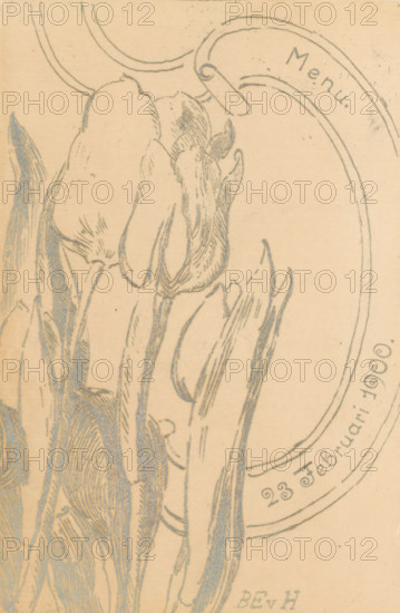 Menu with tulips, print, menu, On the left four tulips. On the right a ribbon with the date