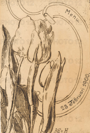 Menu with tulips, print, menu, Four tulips on the left. A ribbon with the date February 23, 1900 on