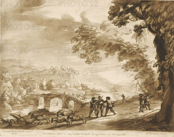 Landscape with stone bridge over river, bandits and fleeing goats, Prints after drawings by Claude