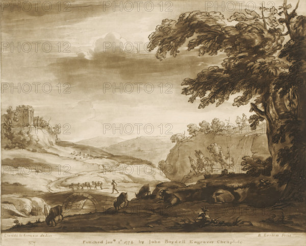 Mountainous landscape with bridge over a river, shepherd and goats, Liber Veritatis. Or a