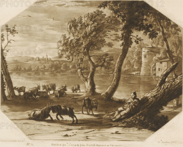Landscape with shepherd and cattle on the bank of a river, Prints after drawings by Claude Lorrain,