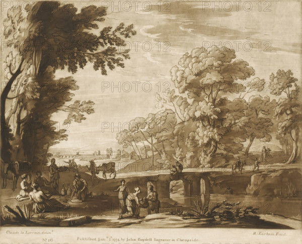 Landscape with stone bridge and four figures having their meal, Prints after drawings by Claude