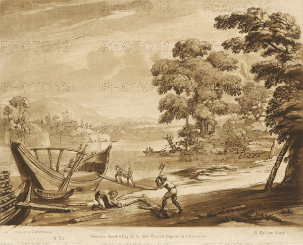 Landscape with lake and men engaged in shipbuilding, Liber Veritatis. Or a Collection of Two