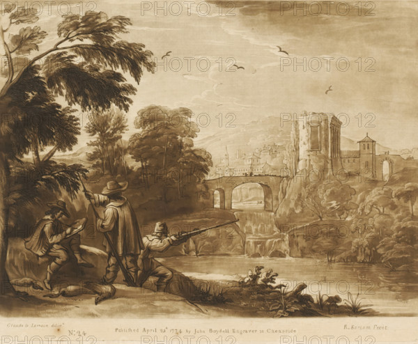 Landscape near a village, with two hunters and a draftsman on a riverbank, Prints after drawings by