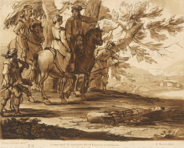 Landscape with three horsemen going hunting, Prints after drawings by Claude Lorrain, Liber
