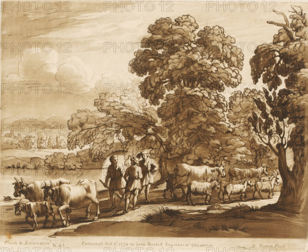Landscape with cattle and three talking shepherds on a riverbank, Liber Veritatis. Or a Collection