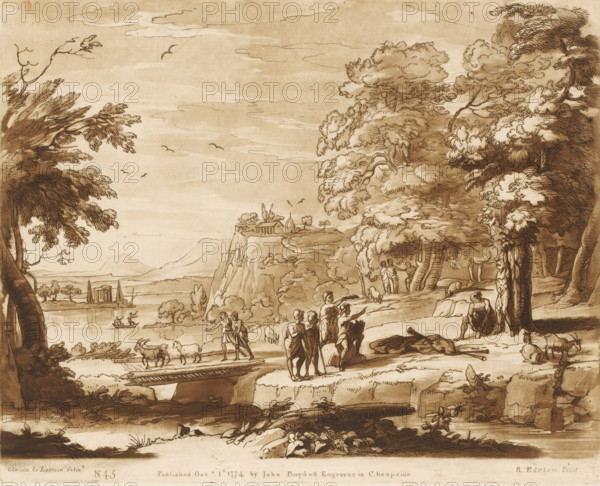 Landscape with Marsyas tied to a tree, Prints after drawings by Claude Lorrain, Liber Veritatis. Or