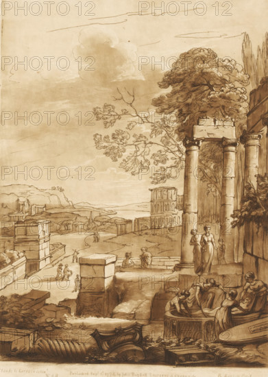 Landscape with ruins and women placing a body in a sarcophagus, Liber Veritatis. Or a Collection of