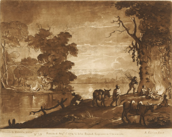 Landscape with figures on a bank lighting a fire, Prints after drawings by Claude Lorrain, Liber