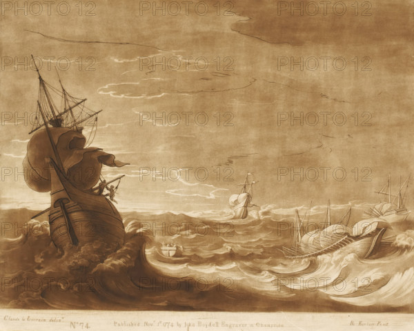 Storm at sea with figures fleeing from a ship, Prints after drawings by Claude Lorrain, Liber