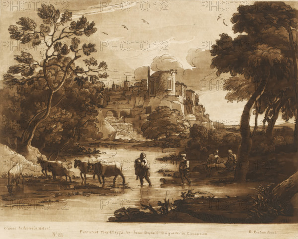 Landscape near a town with shepherds and cattle crossing a stream, Prints after drawings by Claude