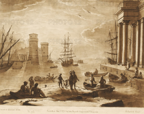 Seaport with the departure of Odysseus from the island of the Phoenicians, Prints after drawings by