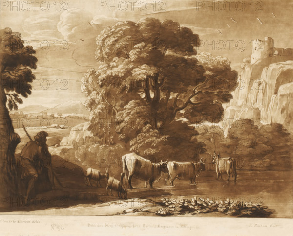 Landscape with shepherd, two goats and three oxen near a lake, Liber Veritatis. Or a Collection of