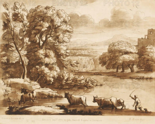Landscape with waterfall and five oxen and shepherd crossing a river, Prints after drawings by