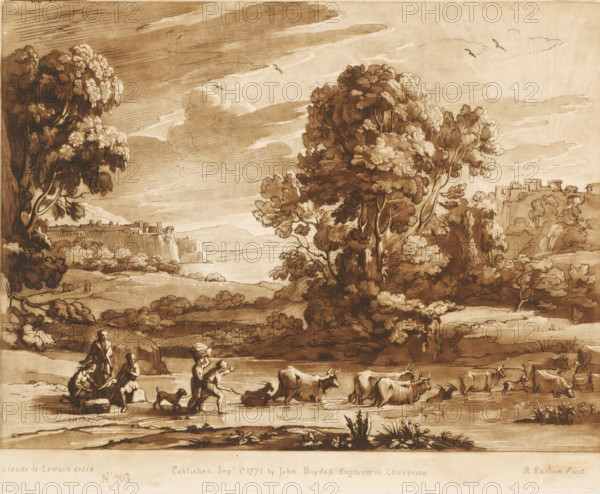 Landscape with two towns on hills and drovers crossing the river, Liber Veritatis. Or a Collection