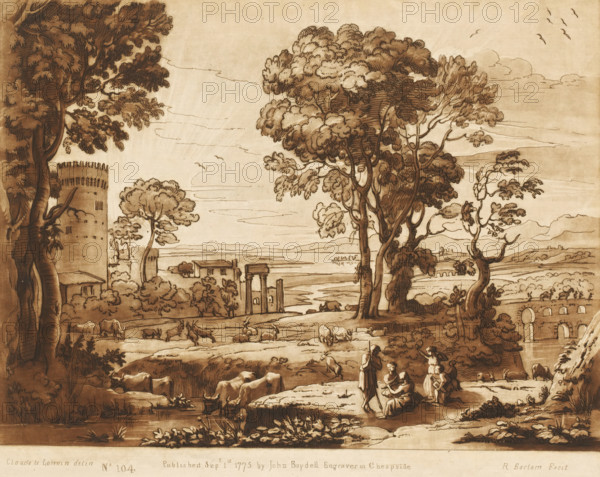 Landscape with ruins, tower, stone bridge and shepherds making music, Prints after drawings by