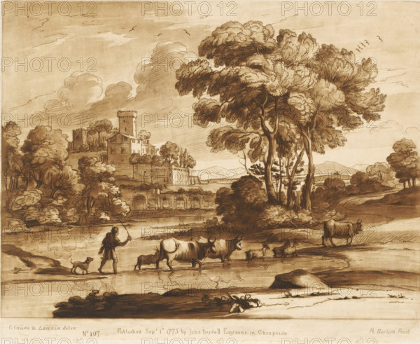 Landscape with town on a hill and cattle driver crossing the river, Liber Veritatis. Or a
