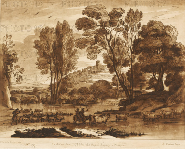 Landscape with village on a hill and three drovers crossing the river, Prints after drawings by