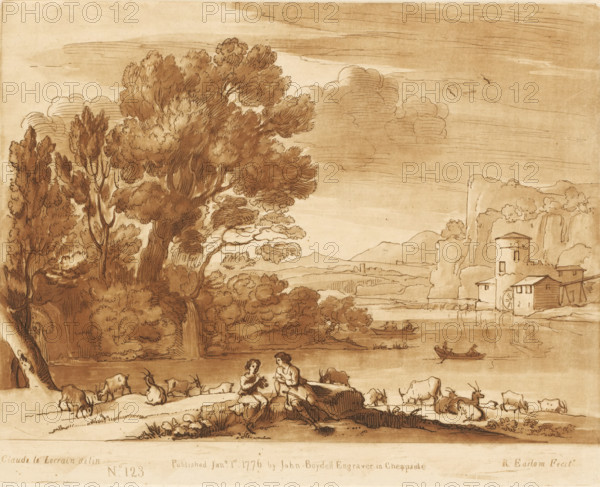 Landscape with a shepherd couple and goats near a bank, Prints after drawings by Claude Lorrain,