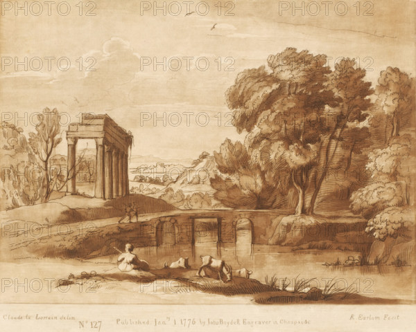 Landscape with stone bridge, ruin and three goats, Liber Veritatis. Or a Collection of Two Hundred