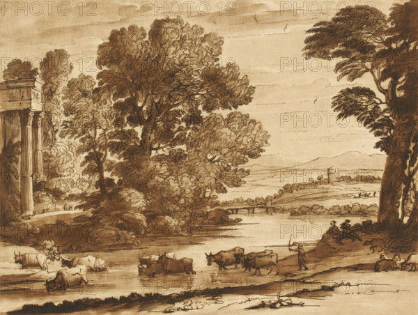 Landscape with ruins and cattle crossing a river, Prints after drawings by Claude Lorrain, Liber