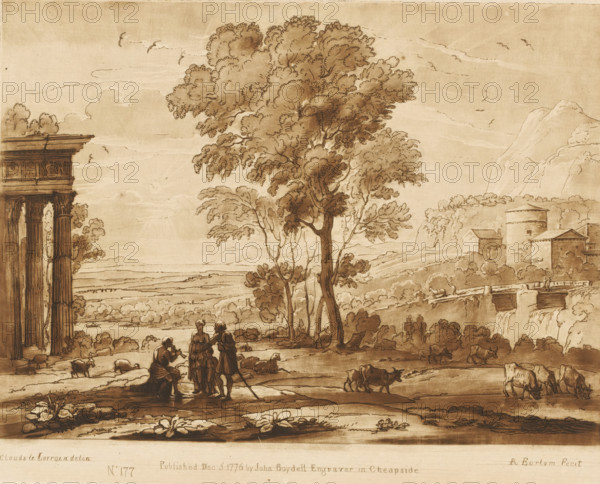 Landscape with shepherd family, ruin and drinking oxen, Prints after drawings by Claude Lorrain,