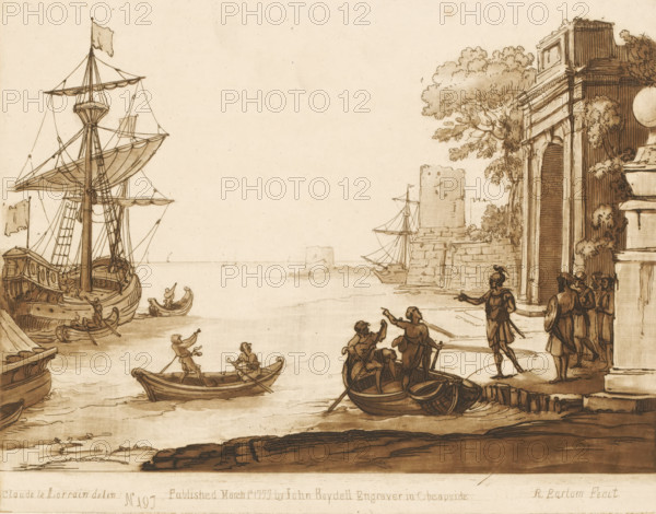 Seaport with triumphal arch and embarkation of a soldier, Prints after drawings by Claude Lorrain,
