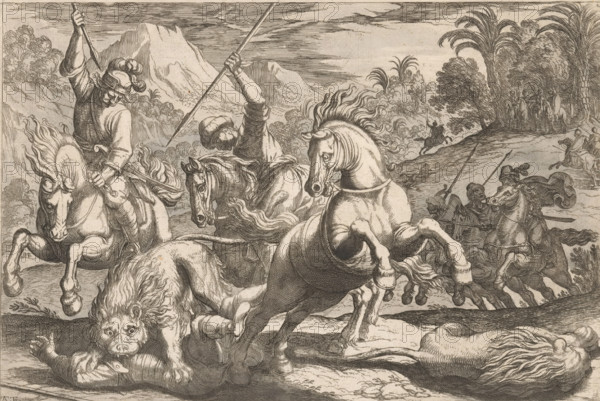 Lion Hunt, Hunting Scenes (Part 7), print, Landscape with hunters on horseback hunting lions. In