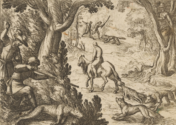 Wolf hunt with a dead ram as bait, Hunting scenes (part 2), Primo libro di caccie varie, print, A