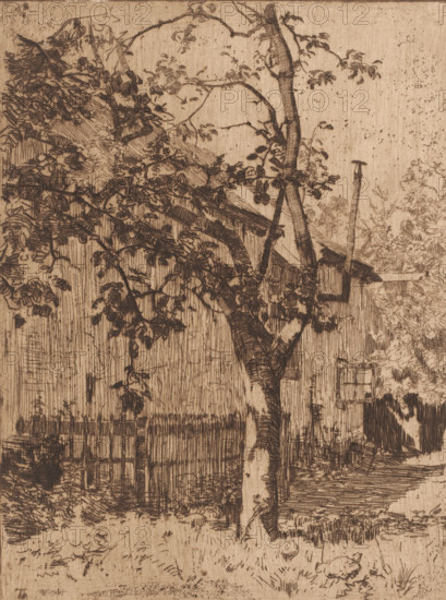 Atelier, Ewijkshoeve (original title), House behind a fruit tree, print, printmaker: Willem
