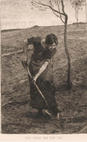The end of the day, Creative woman, print, inscription: 'distel 1888', printmaker: Ernst Witkamp, c