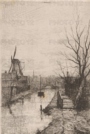Landscape with canal, windmill and footbridge, Passerelle (original title), print, printmaker: