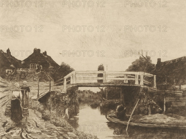 Le Pont (original title), Bridge over a canal in a village, Jacob Maris. Twelve Landscapes, print,