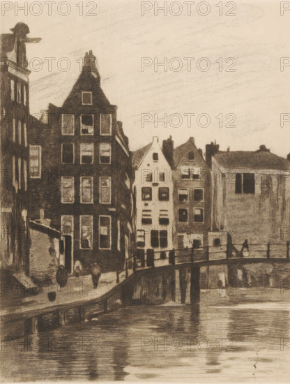 View of houses and a bridge in Amsterdam, print, printmaker: Willem Witsen, Amsterdam, c. 1915 - c.