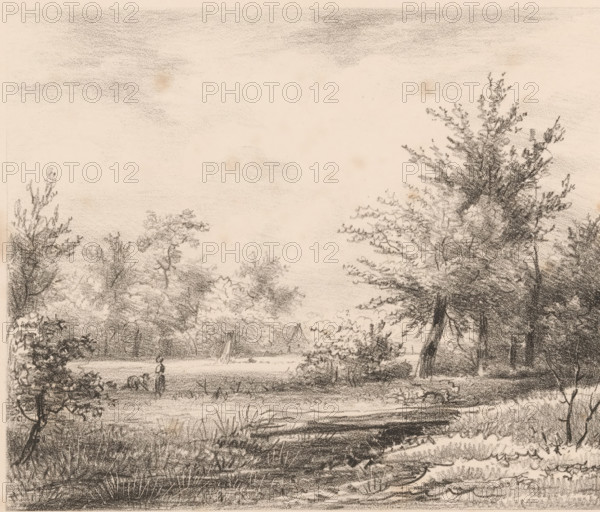 Landscape with figures and farm, print, Two figures, one bent over and the other standing, are